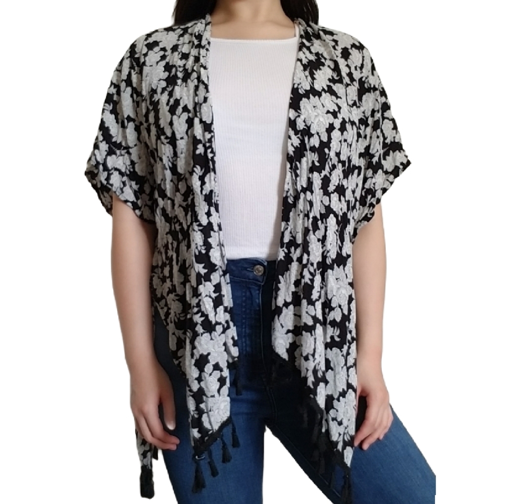 Black and White Floral Open Front Kimono Cardigan